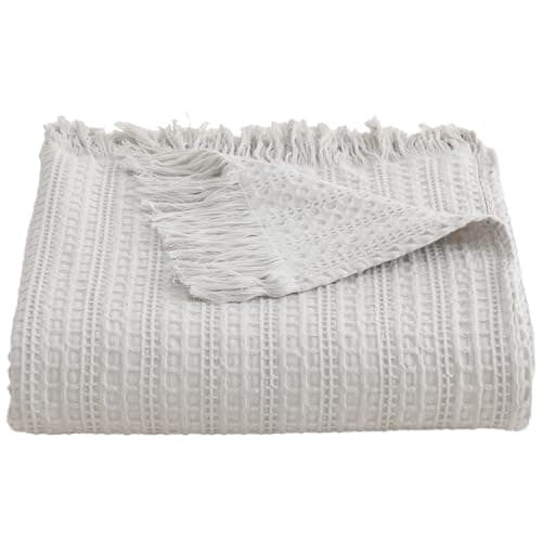 100% Cotton Waffle Blanket with Fringe, Pre-Washed Waffle Weave Blanket for All Season, Lightweight Breathable Soft Cozy Throw Blanket for Couch, Bed, Travel (Light Grey - 66x90 Inches)