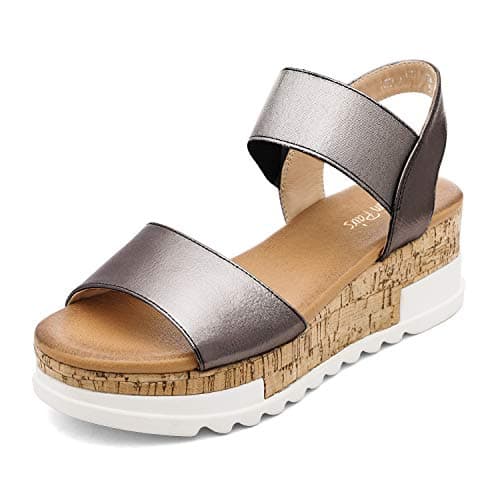 DREAM PAIRS Womens Open Toe Elastic Strap Casual Flatform Platform Wedges Sandals,Size 6,Pewter,REED-2