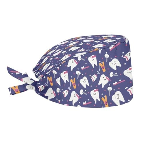 Upetstory Dental Hats for Women Girls Working Cleaning Cap with Adjustable Tie Sweatband Dentist Cute Tooth Toothpaste Print Working Caps Purple