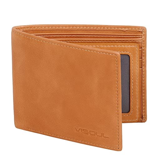 VISOUL Leather Mens Bifold RFID Blocking Wallet with 2 ID Windows, Leather Wallet for Men (Leather, Tan)