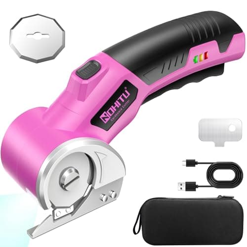 Cordless Electric Scissors: 4V Rechargeable Rotary Cardboard Cutter, 3000mAh Battery, with LED Light & Safety Lock, 2 Blades, Electric Box Cutter for Fabric Carpet Carton Plastic Leather Cloth(Pink)