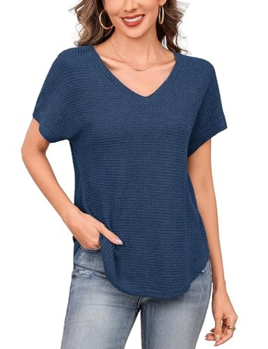 Totatuit Women's Casual V Neck Waffle Knit Tops Short Sleeve Summer Shirts Loose Fit Curved Hem Blouses Lightweight Soft Basic Tees Navy Blue