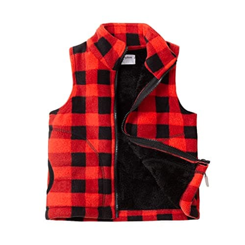 Mud Kingdom Toddler Girls Boys Fleece Vest Jacket with Fur Lined Zip Up Buffalo Red Plaid Christmas Gift 3T