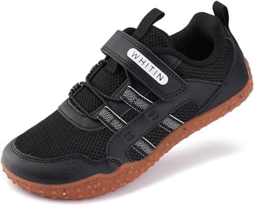 WHITIN Boys Barefoot Shoes for Big Kids Girls Wide Sneakers Size 2.5 Zero Drop Running Walking Tennis Lightweight Comfy Casual Black Gum 34