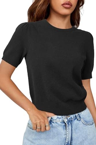 Arach&Cloz 2025 Women's Wool Blend Fashion Summer Fall Cute Crop Sweater Soft Fuzzy Knit Pullover Tops Puff Short Sleeves Crew Neck T Shirts Blouses Dressy Casual Outfits Trendy Clothes Black XL