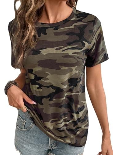 EVALESS Womens Camo Print Short Sleeve Shirts Casual Tees Brown L