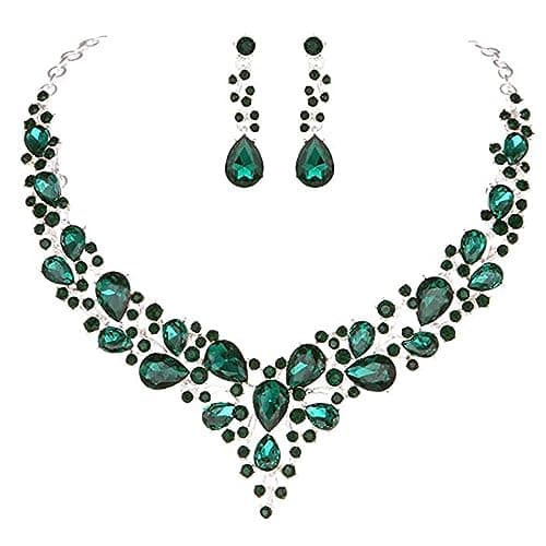 Qlavoca Clear Crystal Rib Statement Necklace Earrings Set Spark Rhinestone women Jewelry Set Chunky Bridal Teal Crystal Drop Accessories for Ladies and Bridesmaids (Green)