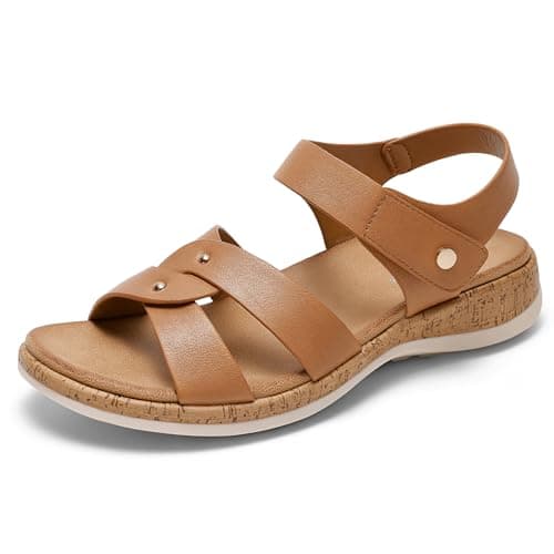 Littleplum Women Flat Sandals Arch Support Open Toe Adjustable Sandals Comfort Summer Walking Shoes for Beach Travel Casual Dressy Brown Size 9
