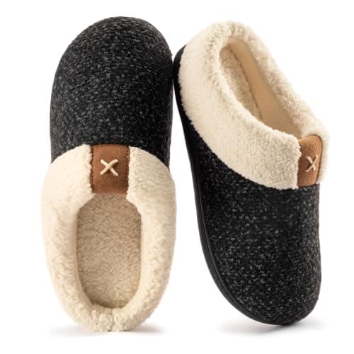 ULTRAIDEAS Women's Indoor Bedroom Slipper with Memory Foam, Gift for Women, Wool-Like House Shoe with Anti-Skid Rubber Sole for Ladies (7-8, Black)