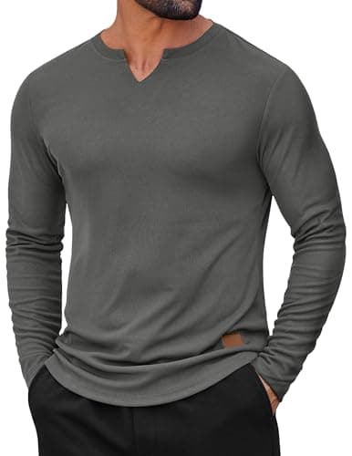 COOFANDY Mens Casual Slim Fit Long Sleeve T Shirts V-Neck Ribbed Tee Shirts Stretch Lightweight Muslce Henley Shirts for Gym Dark Grey