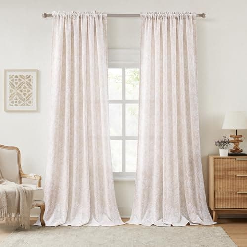 Cream Beige Floral Curtains 92 inches Long for Living Room Neutral Rustic Farmhouse Light Filtering Drapes with Rod Pocket Cotton Soft Chenille Cloth Curtain Decorative Panels Set of 2，W52xL92,Beige