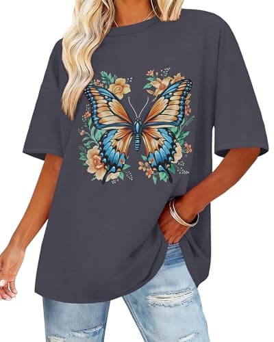 Womens Oversized T Shirts Loose Fit Graphic Tees Summer Casual Short Sleeve Tops(Deep Grey Butterfly,S)