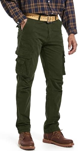 Men's Twill Slim-Fit Cargo Hiking Pants Stretch Cotton Casual Outdoor Tactical Utility Work Military Combat Pants Army Green 30