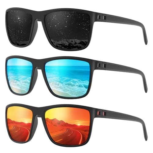 Fanshen Square Polarized Sunglasses for Men, 3 Pack Lightweight UV Protection Sun Glasses for Driving Fishing Golf (Black/Ice Blue/Red)