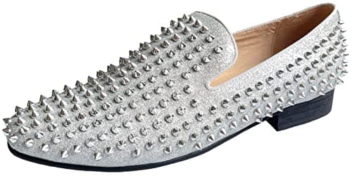 Justar Men's Leather Spikes Loafers Studded Dress Shoes Slip-on Flats Long Rivet Party Shoes (Silver,7)