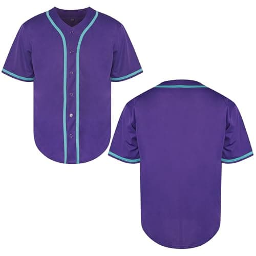 Mens Blank Plain Baseball Jersey, Button Down Shirts Sports Hip Hop Hipster Jersey S-3XL Black White Grey Red Blue(Blank Purple,2X-Large)