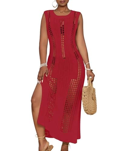 Bsubseach Womens Crochet Beach Cover Ups Sleeveless Swimsuit Dress Red S