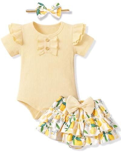 HONGTEYA Infant Baby Girl Clothes Newborn Summer Outfits Cute Romper Shorts Set Floral Girl Clothes with Headband (Lemon, 12-18 Months)