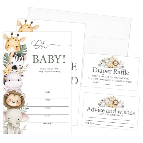 Qssfdgg Oh Baby Shower Invitations, Safari Animals Jungle Invitations With Envelpoes, Diaper Raffle Tickets & Advice and Wishes Cards, Baby Shower Invitation Gender Neutral for Boys Girls -04