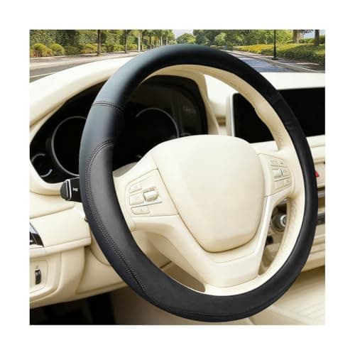 SWPHRT Car Steering Wheel Cover, 14.5-15" Breathable Anti-Slip Nappa Leather Vehicle Steering Wheel Protector, Sporty Automotive Interior Decoration Accessories, Universal for Van Truck RV (Black)