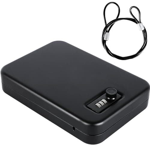 Portable Pistol Safe, Small Handgun Lock Box with Steel Cable, Compact Car Gun Safe for Travel, Office, Dorm, Home,3 Mechnical Digits Access, Black