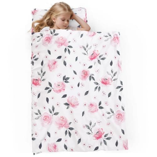 PHF Soft Toddler Nap Mat with Removable Pillow, Rollup Design Kids Sleeping Mat, Slumber Bags for Girls, 50"x20" Toddler Sleeping Bag for Daycare Preschool Travel Camping, Pink Floral