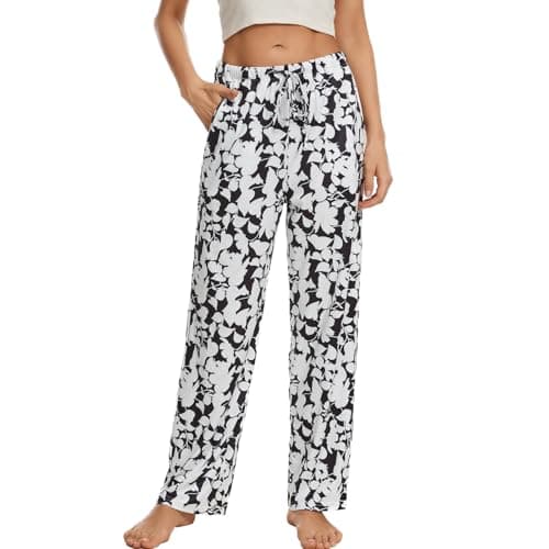 iniber Comfy Pajama Pants for Women Drawstring Lounge Pants with Pockets, BW Floral, Small