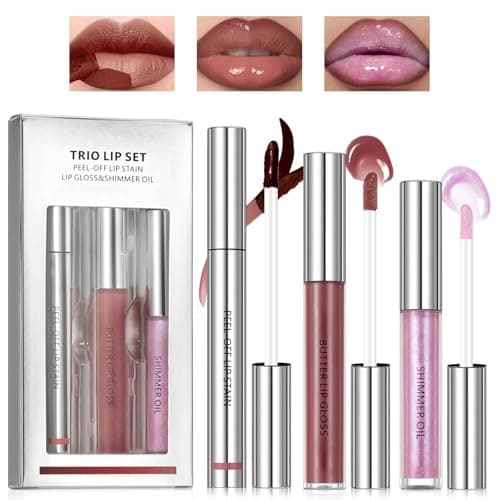 Noerrors 3pcs Peel Off Lip Liner Stain and Lip Gloss Combo Set, Moisturizing Long Lasting Waterproof Pink Transferproof Lip Gloss Shimmer Lip Oil Kit, Matte Lip Tattoo Glossy Lip Stains for Women