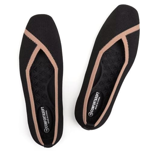 Frank Mully Women Square Toe Flat Shoes Comfortable Knitted Flats Black, 6