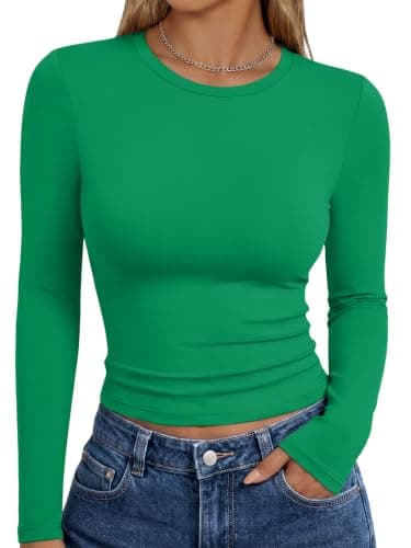Trendy Queen Womens Long Sleeve T Shirts Fall Basic Tops Green S