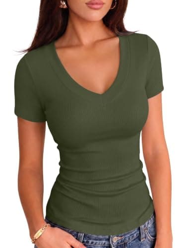 VICHYIE Women V Neck Ribbed Fitted Short Sleeve Shirt Green XL