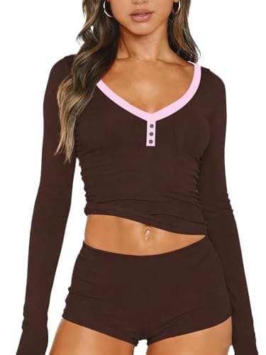 Dressmine Womens Long Sleeve Pajama Sets Crop Top Shorts Pajamas Cute Sexy Sleepwear Tight Winter Spring Brown Outfits XL