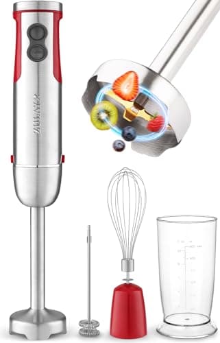 Zulay Kitchen 4-in-1 Immersion Blender 800W Hand Blender Set with Whisk, Milk Frother & 600ml Cup, 12-Speed Stick Blender with Turbo Mode for Soups, Smoothies, Sauces, Purees & Baby Food (Red)