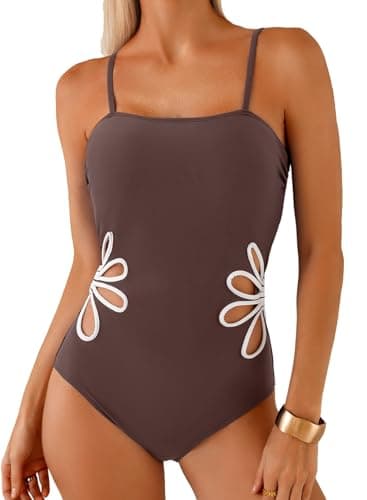 Herseas Women Floral Cutout Ruched Slimming One Piece Bathing Suit Brown XL