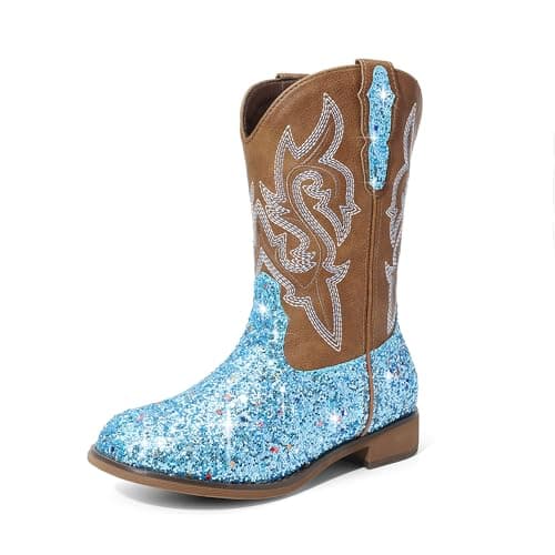 DREAM PAIRS Girls Cowgirl Boots Glitter Toddler Cowboy Boots Child Mid Calf Riding Shoes Party Birthday Dress Up for Toddler/Little/Big Kid,Size 7 Toddler,Blue,SKMB26002K