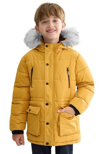 maoo garden Boys Puffer Winter Coat Big Kids Heavyweight Sherpa Lined Fur Hooded Outdoor Jacket Water-Resistant Medium Style Snow Parka Yellow 10Y