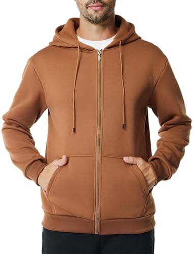 Mens Zip Up Hoodie Long Sleeve Fleece Casual Hooded Sweatshirts Athletic Full Zip Jacket with Pockets(S,Brown)