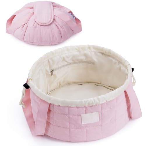 Narwey Lay Flat Open Drawstring Puffer Makeup Bag, Large Quilted Cosmetic Bag for Women Girls, Cute Make up Bags with Handle, Travel Toiletry Bag for Skincare, Brushes & Travel Essentials (Pink)