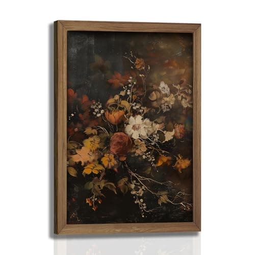 Framed Vintage Moody Floral WallArt Fall Wildflower Canvas Painting,Dark Botanical Picture Poster Print With Wood Frame Wall Decor for LivingRoom Bedroom Bathroom12X16In