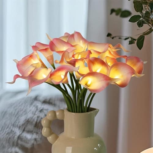20pcs Lighted Artificial Calla Lily Bouquet Light Faux Floarl Night Light Real Touch Flower Lamp LED Calla Lily lighted Artificial Flower for Holiday Gifts Home Kitchen Decor(Light Pink, No Vase)