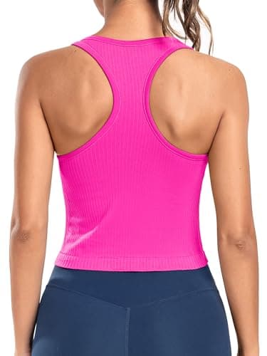 ATTRACO Cropped Ribbed Tank Tops for Women Racerback Tank U Neck Workout Tops Slim Fit Pink XL