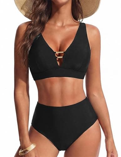 Hanna Nikole Womens High Waisted Bikini Sets 2 Piece Swimsuits Tummy Control V Neck Bathing Suits Beach Summer Cutout Swimwear Black