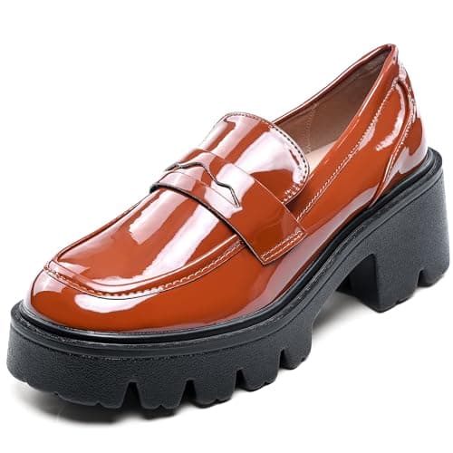 Light Brown Penny Loafers for Women - Women's Slip-On Platform Patent Leather Loafers, Chunky Comfort Shoes for Work & Dressy Occasions