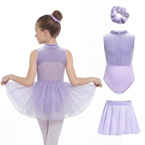 JiAmy Girls Velvet Ballet Leotard Set with Removable Skirt Mock Neck 5-12Y