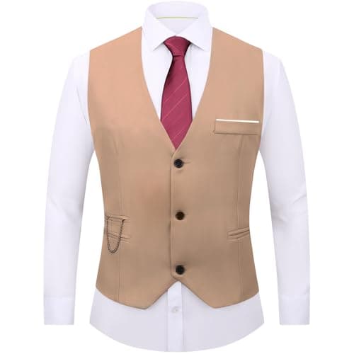 DOKKIA Men's Dress Vest Suit Waistcoat Formal Business Slim Fit V-neck Sleeveless Tuxedo Jacket with Chain Khaki Medium