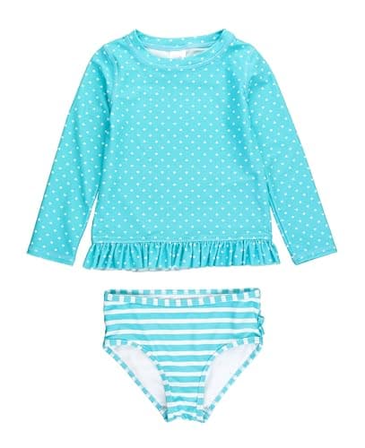 RuffleButts Bright Aqua Heart Polka Dot Long Sleeve Rash Guard Bikini - 18-24m