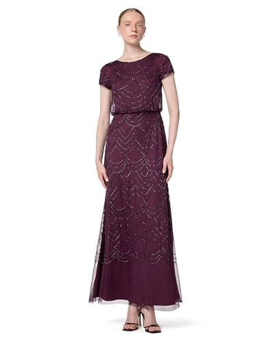 Adrianna Papell Women's Short Sleeve Blouson Beaded Gown, Cassis, 16