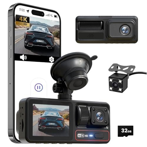 3 Channel Dash Camera for Cars,Triple Lens 4K+1080P+1080P Dash Cam Front Rear Inside,Built-in 5G WiFi & App, Night Vision,24H Parking Mode,Loop Recording,170° Wide Angle,32GB Card Included(Black)