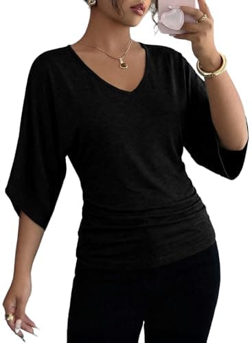 EVALESS Womens Tops 2026 Fashion Spring Summer Dressy V Neck 3/4 Sleeve Ruched T Shirts Trendy Cute Work Business Casual Outfits Blouses Clothes,Black X-Large