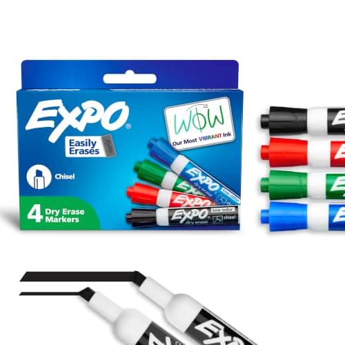 EXPO Dry Erase Markers, Low Odor Ink, Assorted Colors, Chisel Tip, 4 Count - Whiteboard, Calendar, Organization, Essential Supplies for Office, School, Classroom, Teachers